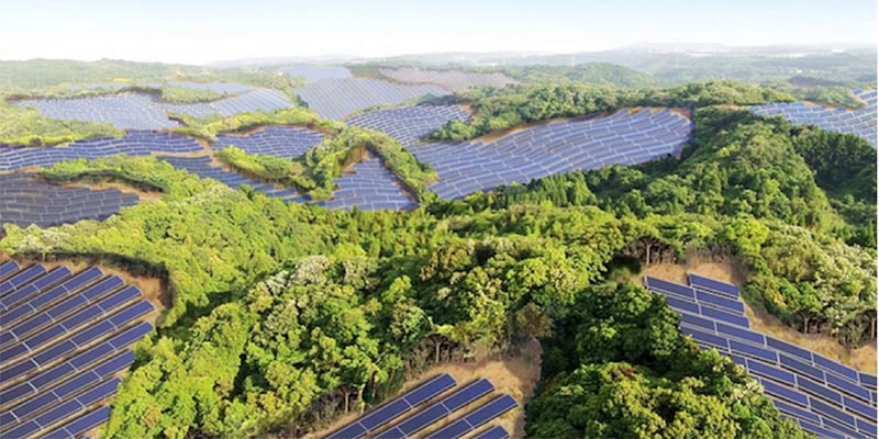 raised elevation photograph of golf course covered in solar panels