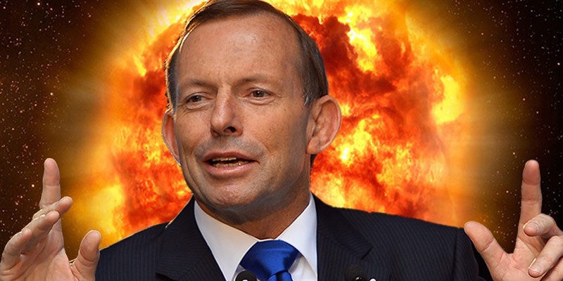 tony abbott with world exploding behind him against galaxy background