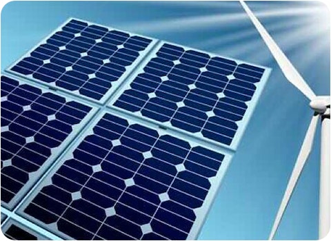 photoshopped image of 4 solar panels and wind turbine against blue background
