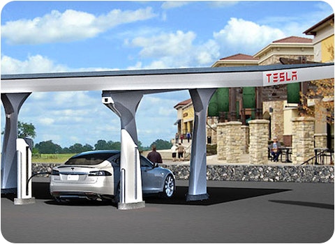 artist's rendition of tesla recharge station with 2 electric cars charging