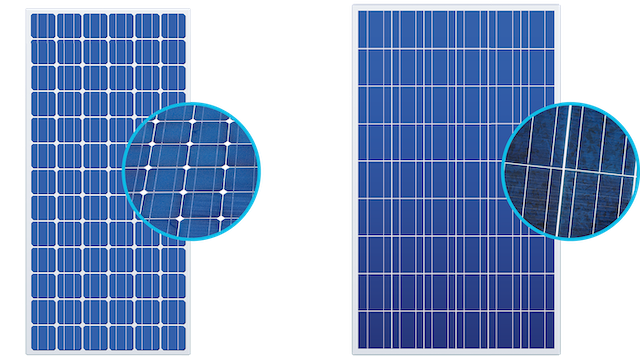 monocrystalline solar panel and polycrystalline solar panel with detail callouts